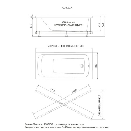 Акриловая ванна Тритон Gamma 1400х700х560