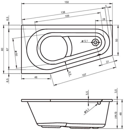 Акриловая ванна Riho Delta 150*80 R (комплект)