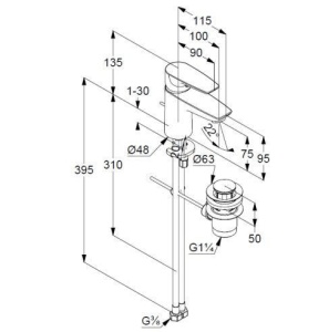 Смеситель Kludi Pure&Solid 343820575 для раковины донный клапан