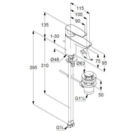 Смеситель Kludi Pure&Solid 343820575 для раковины донный клапан