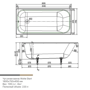 Чугунная ванна Wotte Start 160x75 c отверстиями для ручек