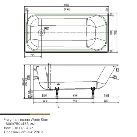 Чугунная ванна Wotte Start 160x75 c отверстиями для ручек