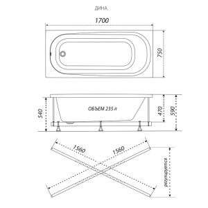 Акриловая ванна Тритон Дина 1700x750х590 Официальный дилер Тритон 