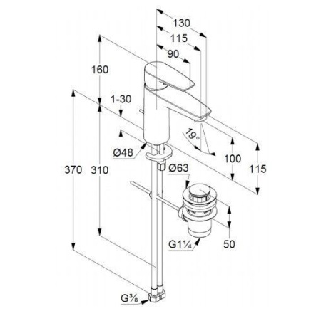 Смеситель Kludi Pure&Solid 342900575 для раковины донный клапан