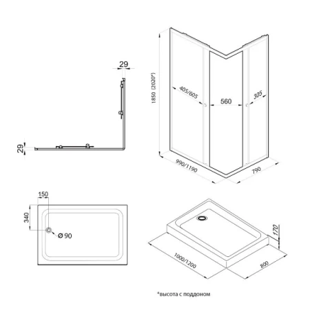 Душевое ограждение Triton Вента-Блэк 120*80*202 L/R с поддоном